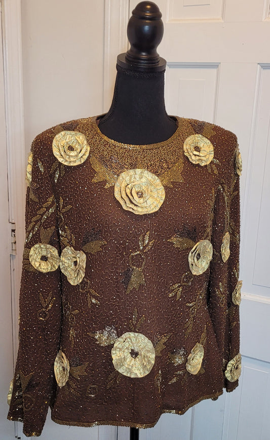 Vintage Brown & Gold Beaded Top